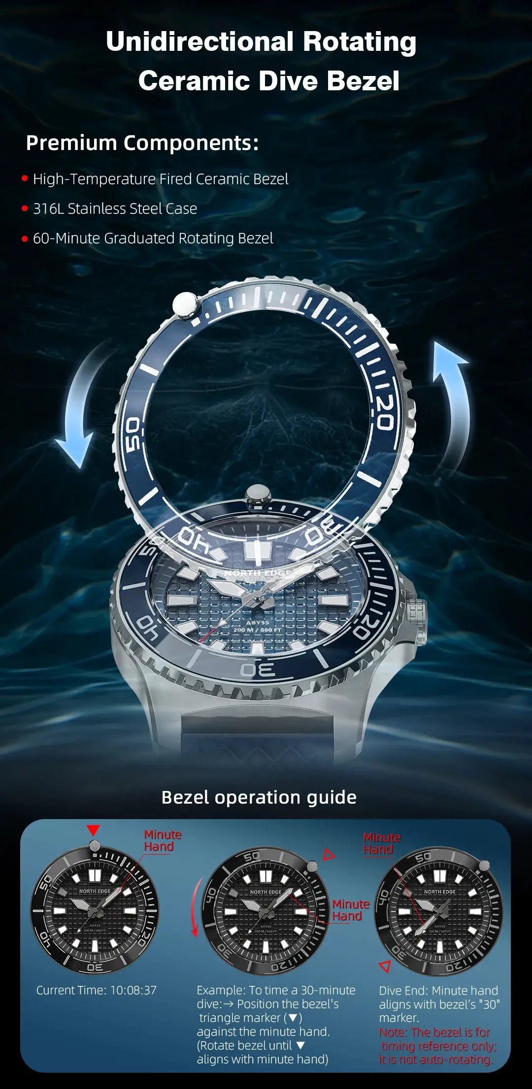 NORTH EDGE ABYSS solar-powered dive watch by Simples Market, 316L stainless steel case with ceramic bezel, 200m water resistant.