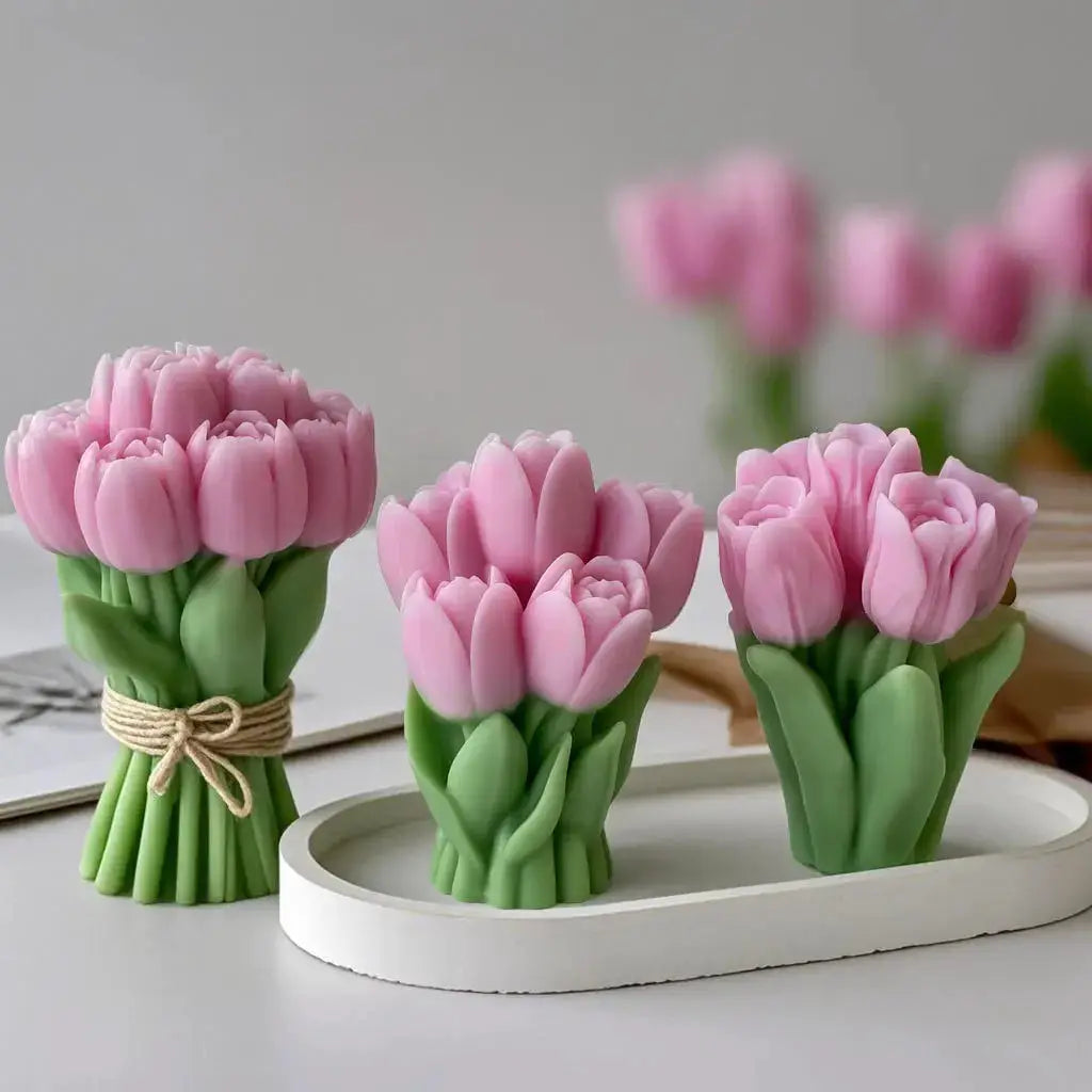 Tulip bouquet silicone mold set in pink with green stems; three pieces on a white tray