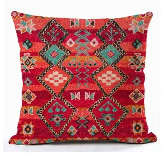Bohemian linen cushion cover with multicolor geometric print for living room decor.