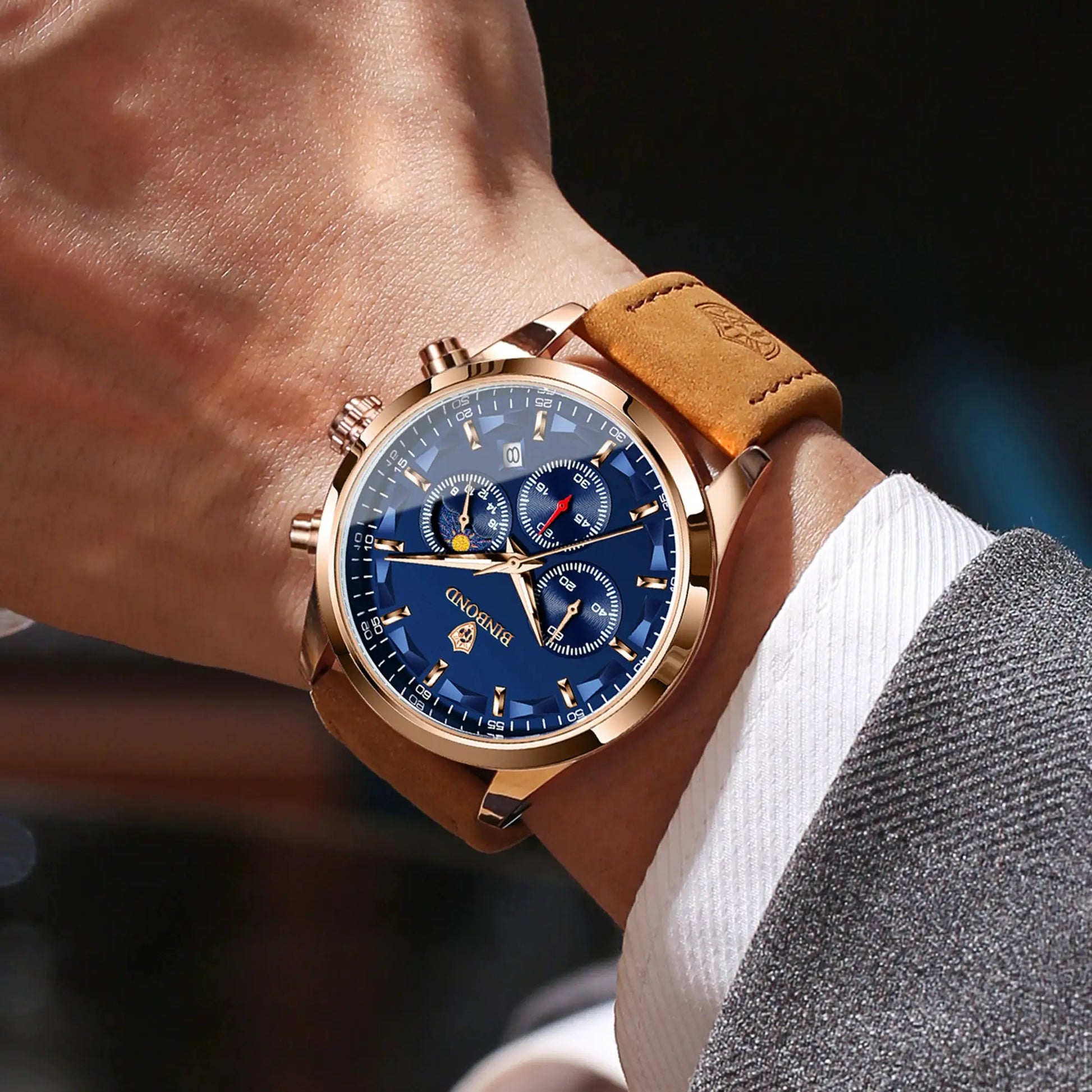 Binbond men's wristwatch with blue chronograph dial, rose-gold case and tan leather strap