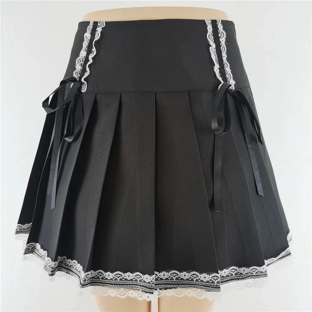 Harajuku punk gothic black high-waist mini skirt with white lace trim and ribbon bows, Simples Market