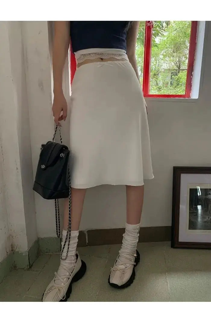 Deeptown white satin mid-length skirt, A-line casual Korean style