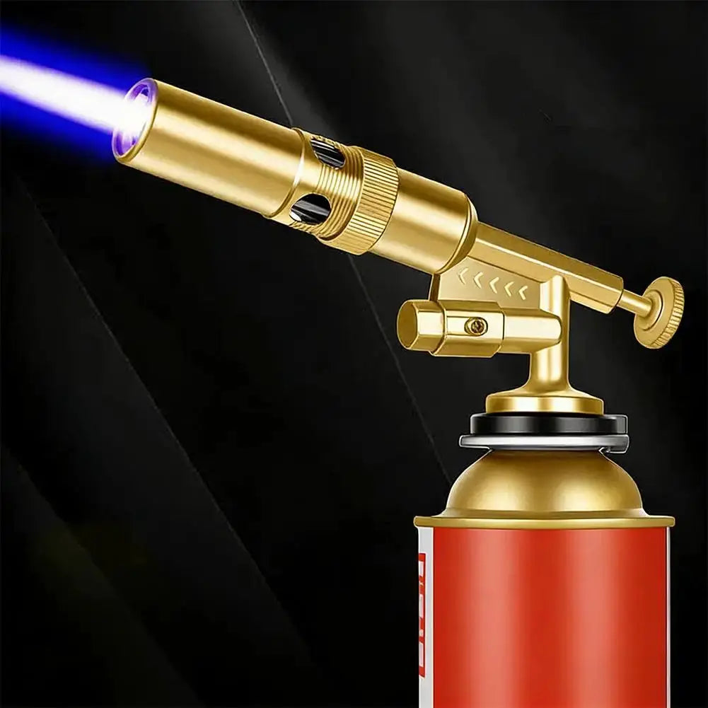 Welding torch with brass-gold body and blue flame mounted on a red canister
