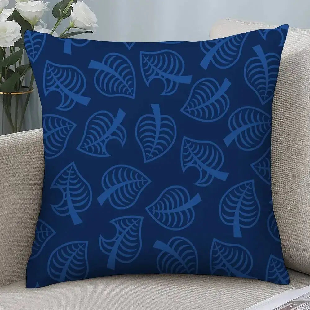 Square throw pillow cover, navy blue with light blue leaf pattern