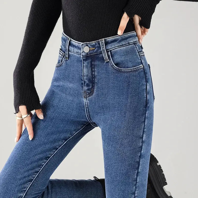 Women Thermal Jeans Fleece Lined Warm Stretch Slim Fit Pants Korean
