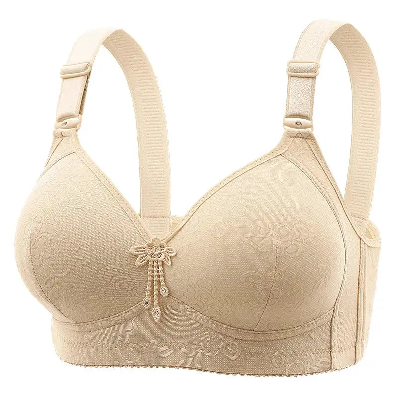 Nude beige non-underwire bra with floral lace cups and wide straps