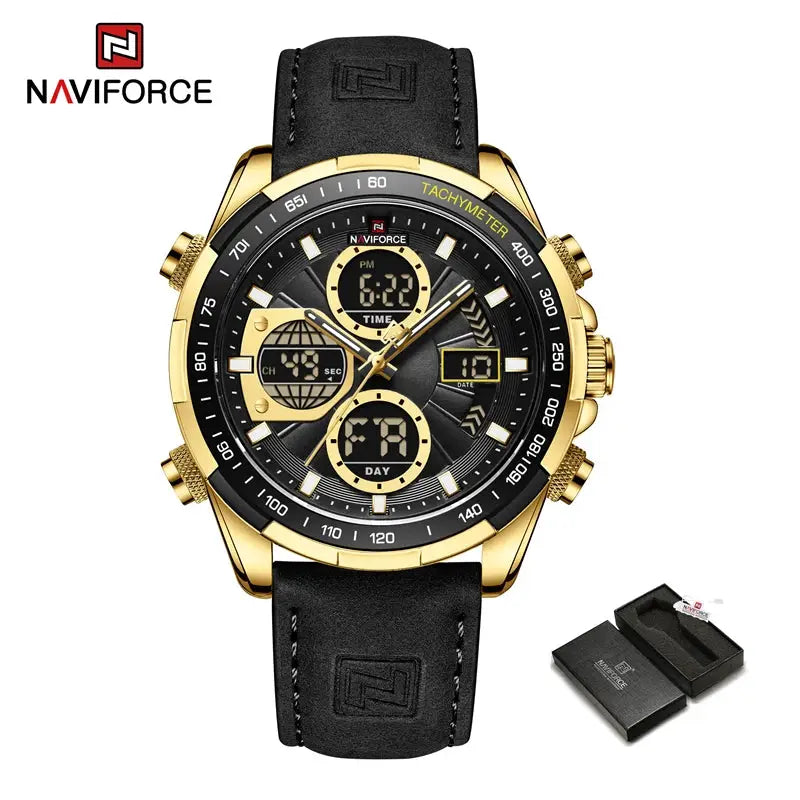 Naviforce men's chronograph watch with black leather strap and gold-tone case; includes box
