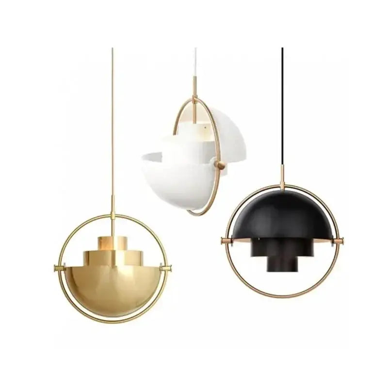 Pendant light set of three in gold, white, and black iron with circular ring frames