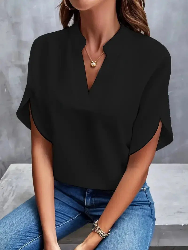 Black women's V-neck loose-fit blouse with half sleeves, casual pullover top