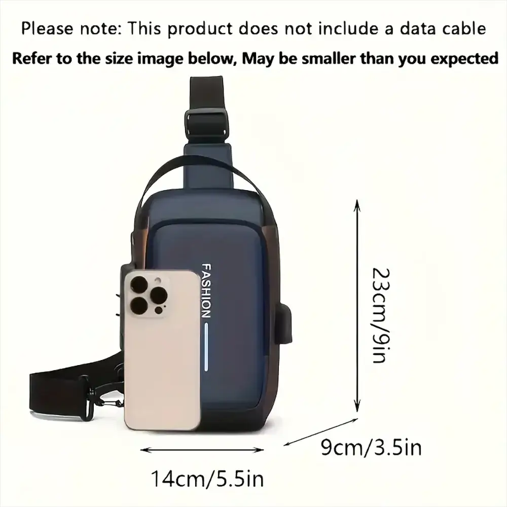 Stylish men's sling bag by Simples Market in blue Oxford fabric with crossbody strap, phone pocket, zip closure