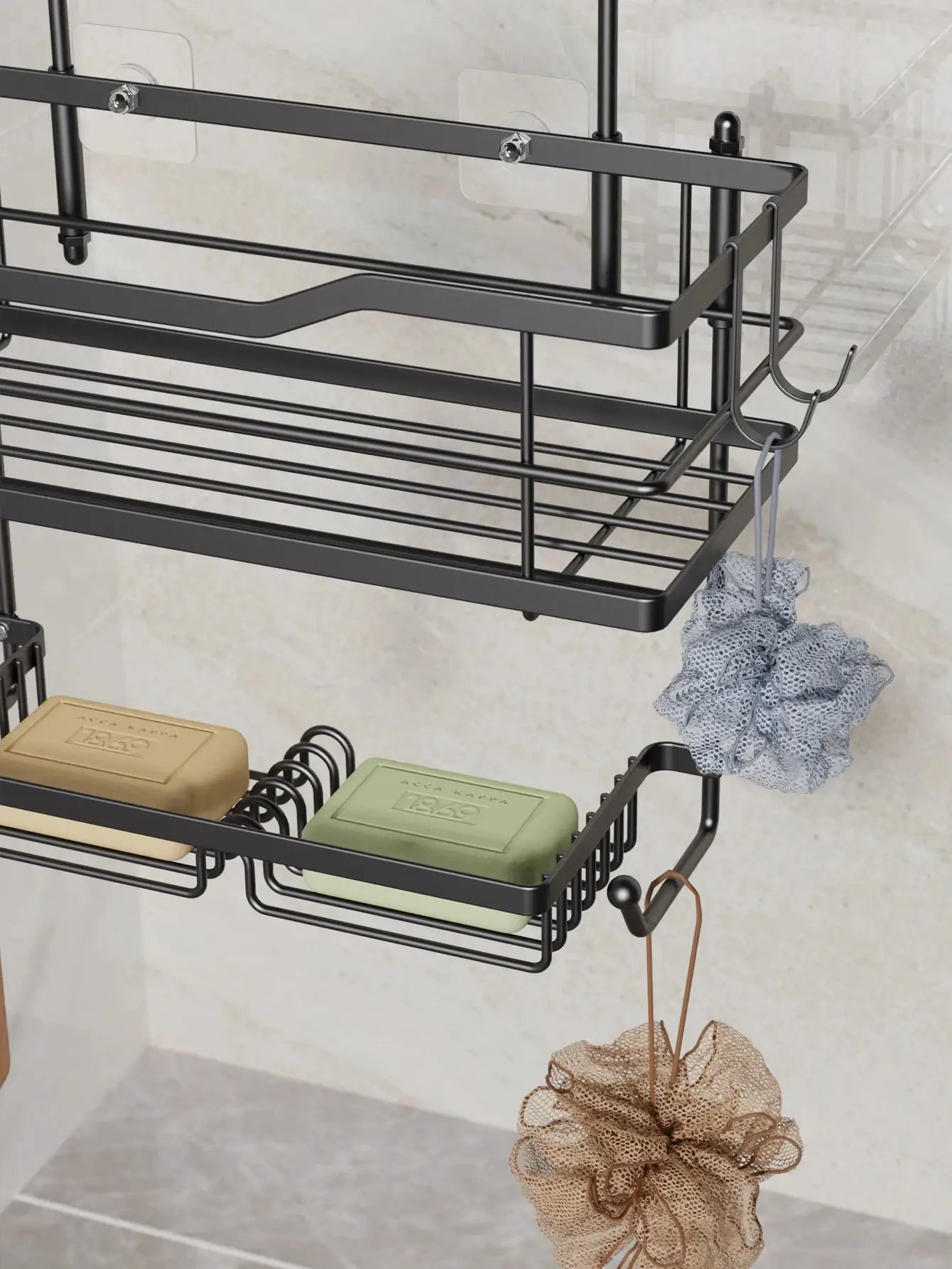 3-tier hanging shower caddy by Simples Market in black and silver with two soap dishes