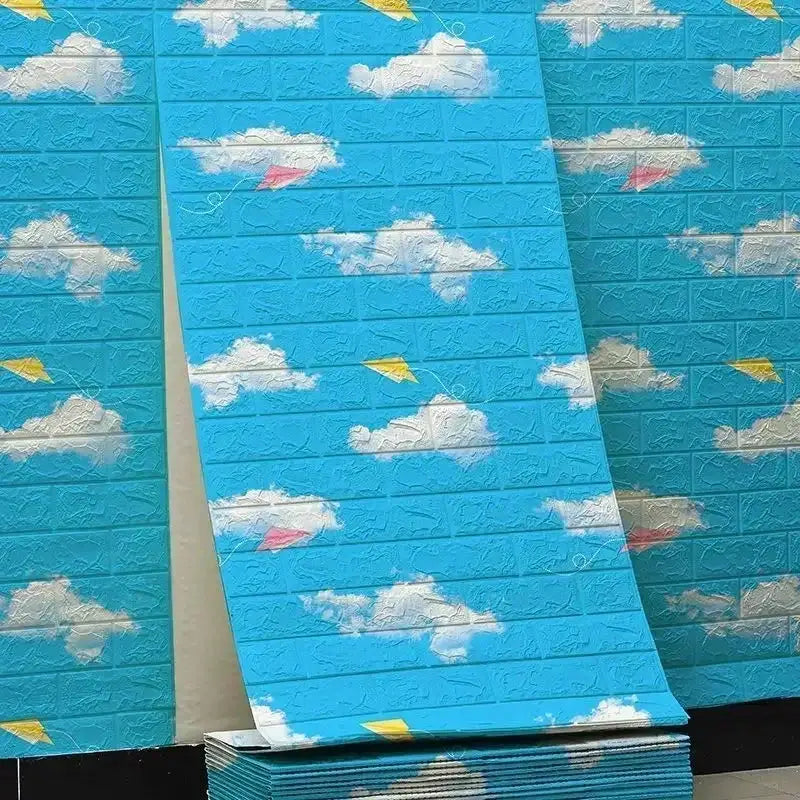 Blue brick wallpaper panels with embossed texture and cloud print, self-adhesive and waterproof