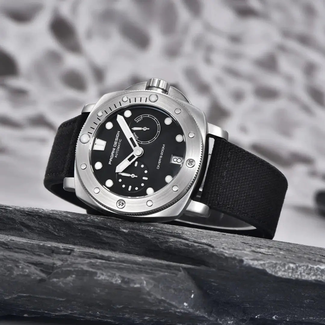 PAGANI Design men's automatic diver watch, black dial, stainless steel case, black fabric strap, 200m water resistant.