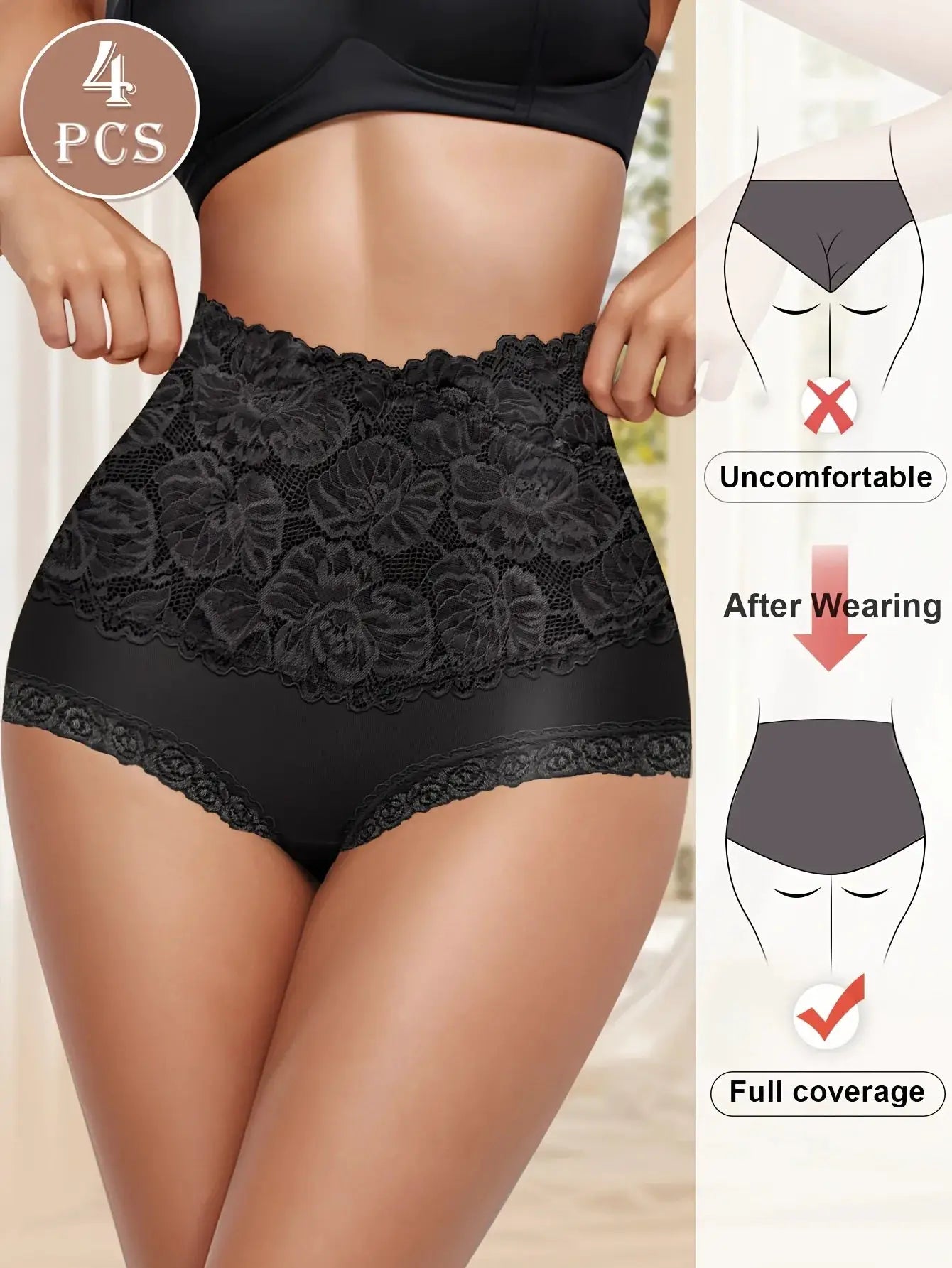 4-piece black lace high-waisted panties set by Simples Market; floral jacquard, full-coverage cotton