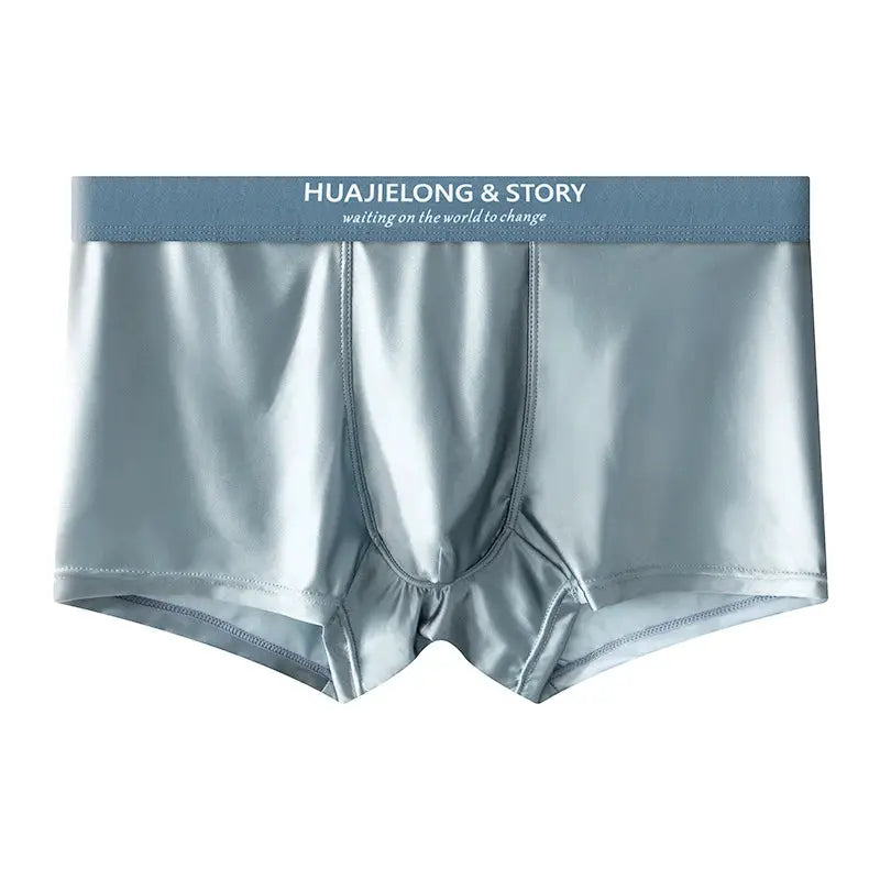 Men's satin boxer briefs in light blue with branded waistband HUAJIELONG & STORY