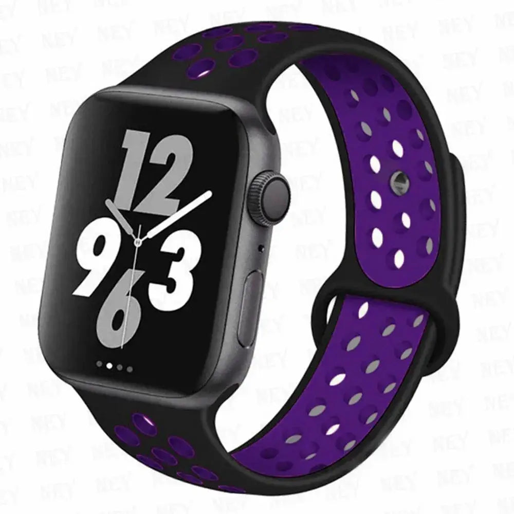 Simples Market silicone sport strap for Apple Watch, black exterior with purple perforated interior, fits 38–45mm