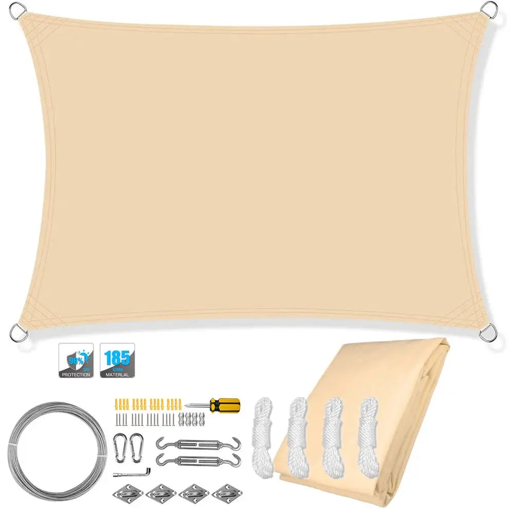 Waterproof tan shade sail canopy rectangle with grommets and mounting hardware kit