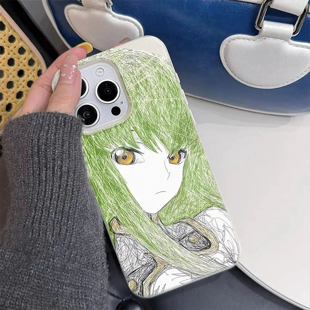 KawaiiCase Anime Sketch Green Haired iPhone Case For 11 Pro Max To 17 Pro Max Clear Half Wrapped Silicone Protection