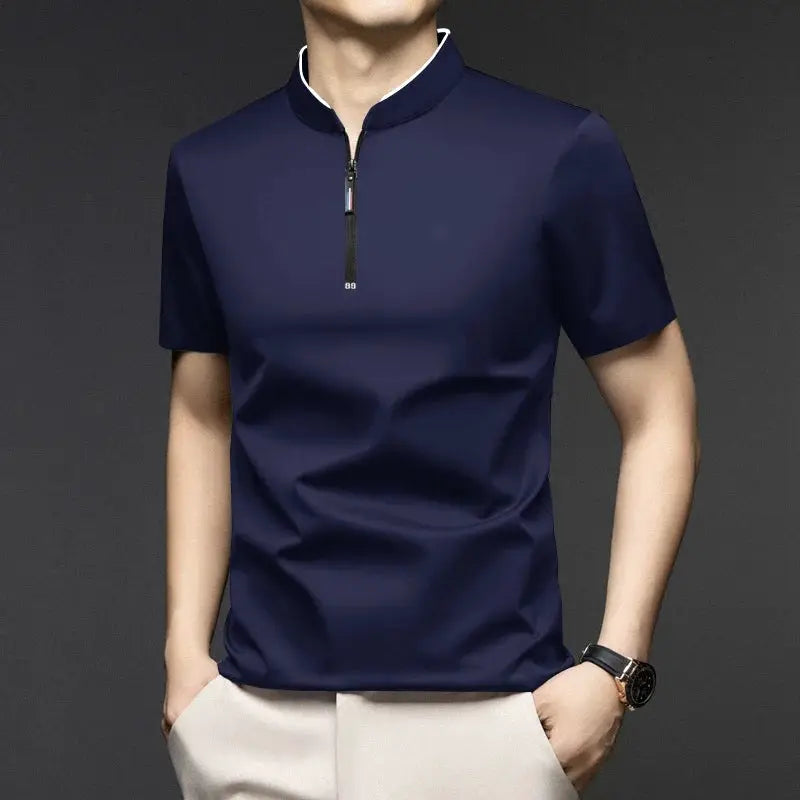 Men's navy zip polo shirt with stand-up collar, short sleeves by Simples Market