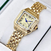 Gold-tone stainless steel women's quartz wristwatch by Simples Market with blue hands and linked bracelet