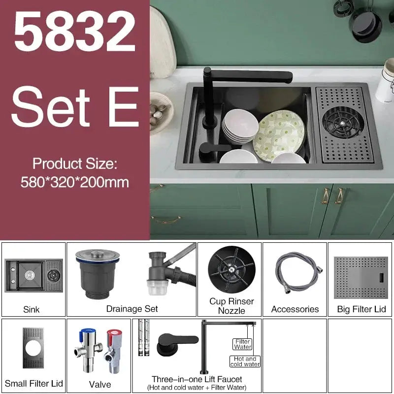 ASRAS Nano black small-size single-bowl kitchen sink with lifting faucet and hidden bar counter cover