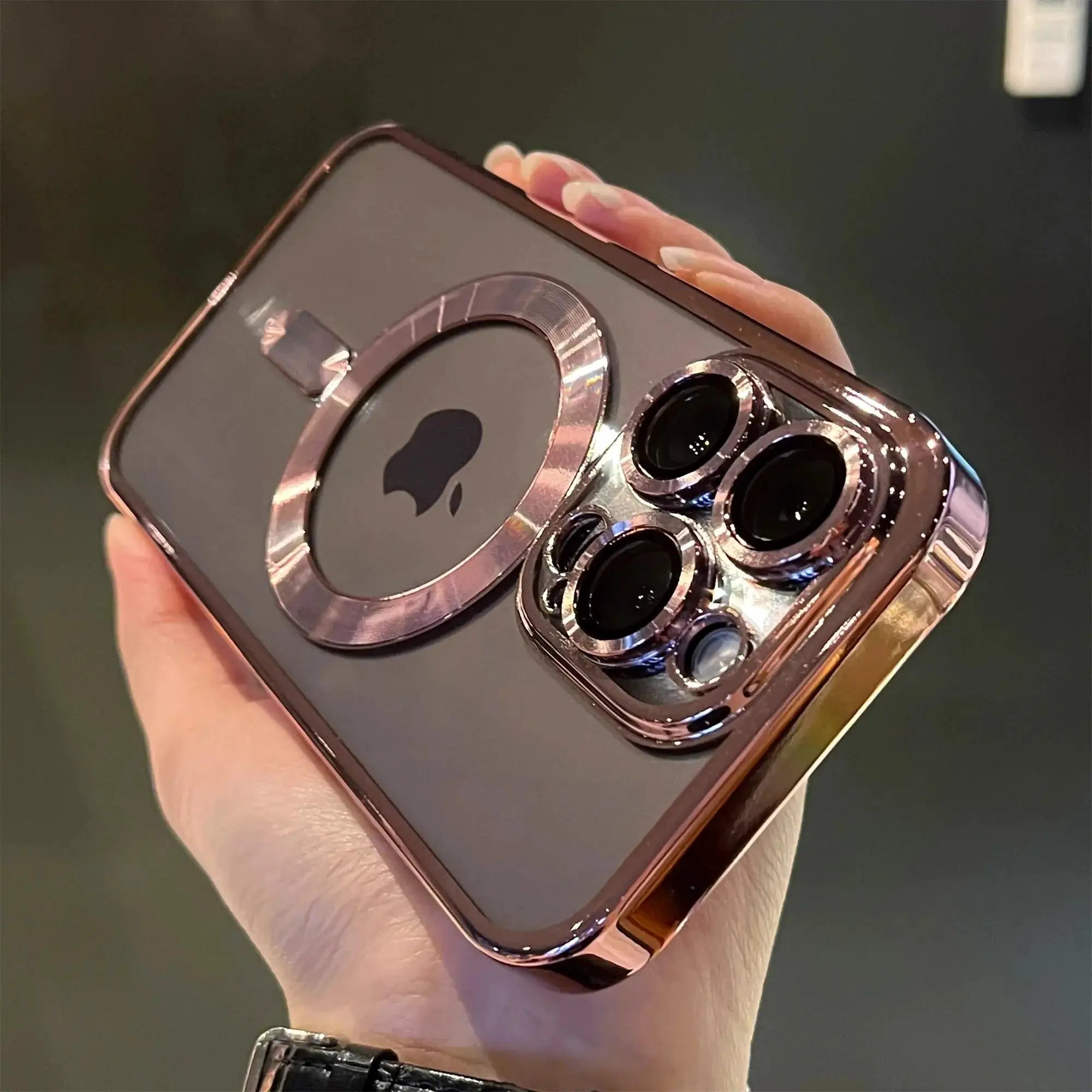 Simples Market luxury magnetic-plating clear MagSafe iPhone case with rose-gold metal frame around the camera module