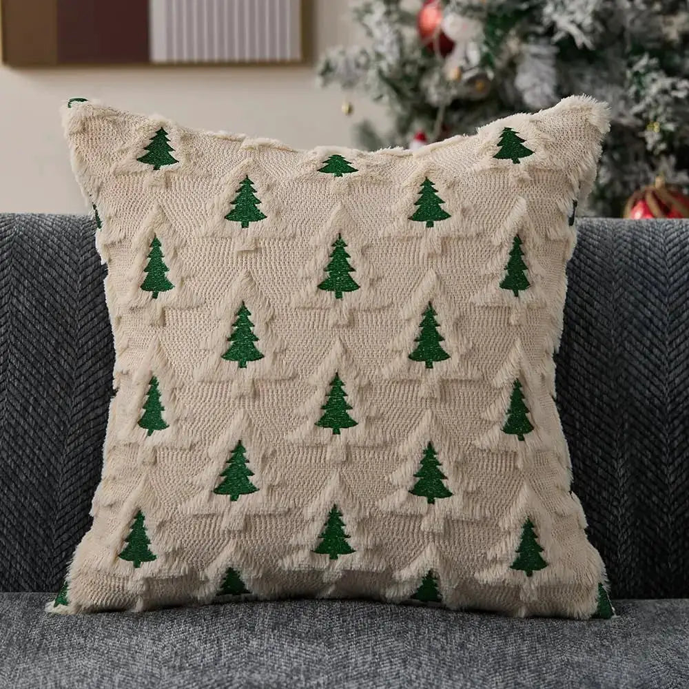 Throw pillow cover 18x18; beige plush faux-fur with green Christmas tree motifs.