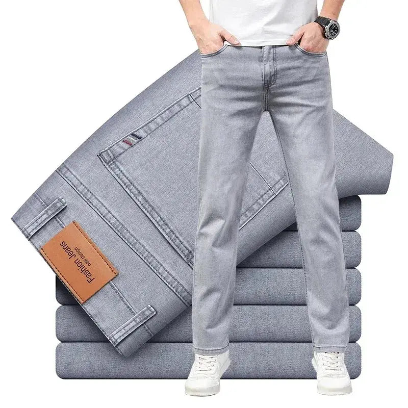 Men's gray denim jeans, straight-leg cotton casual pants with front pockets