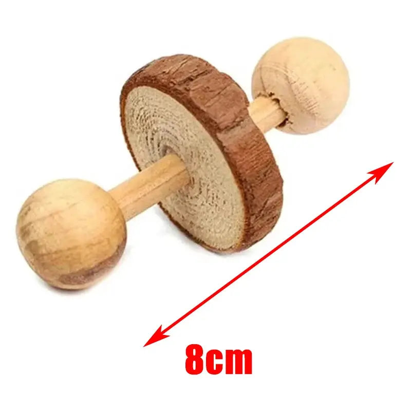 Small animal wooden roller chew toy with pine end balls and central wood wheel, 8cm