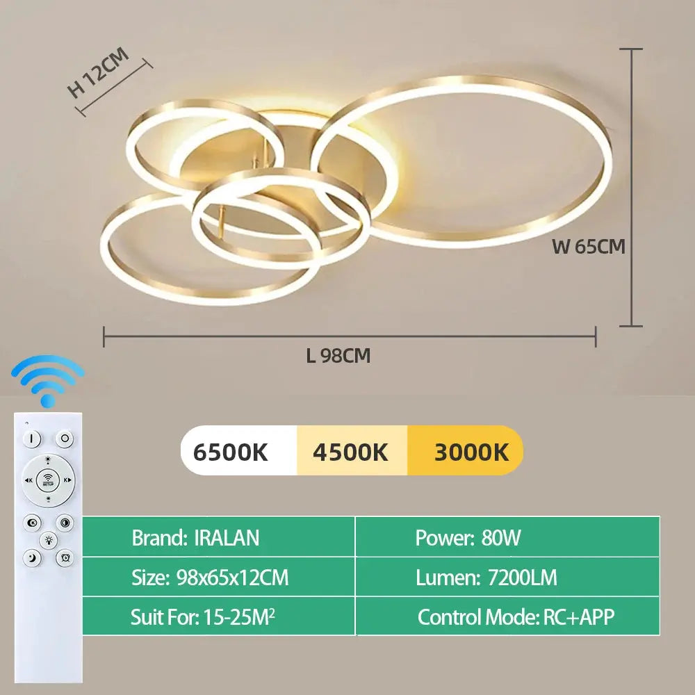 Modern LED ceiling chandelier with circular rings, gold finish, dimmable, 80W, 7200LM, 3000–6500K
