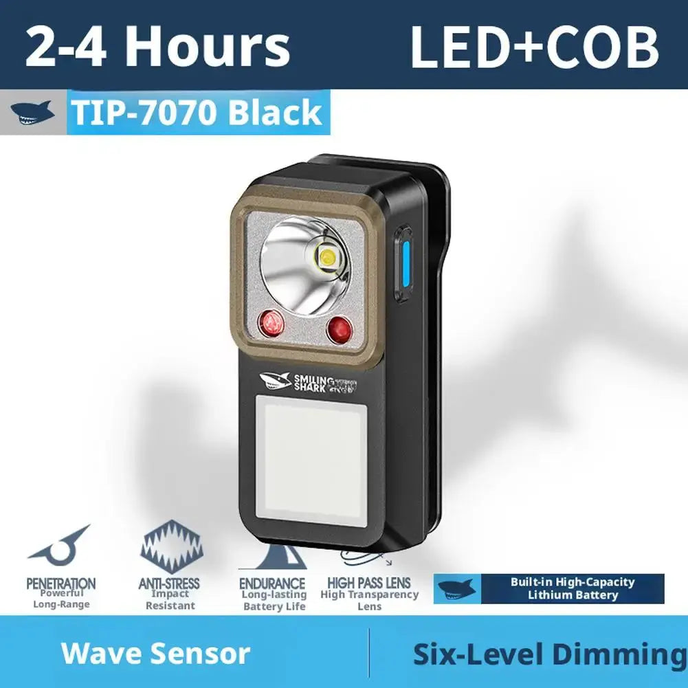 LED magnetic clamp flashlight Smiling Shark, black body with clip-on design