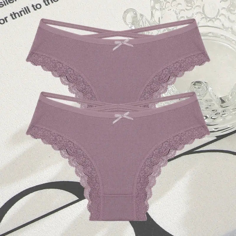 2-pack lavender cotton panties with lace trim and bow, low-rise Brazilian briefs