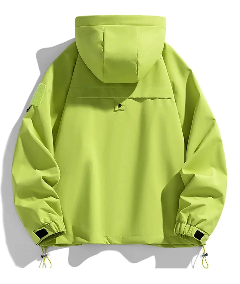 Hooded lime green windbreaker jacket, loose softshell with drawstring hem and adjustable cuffs
