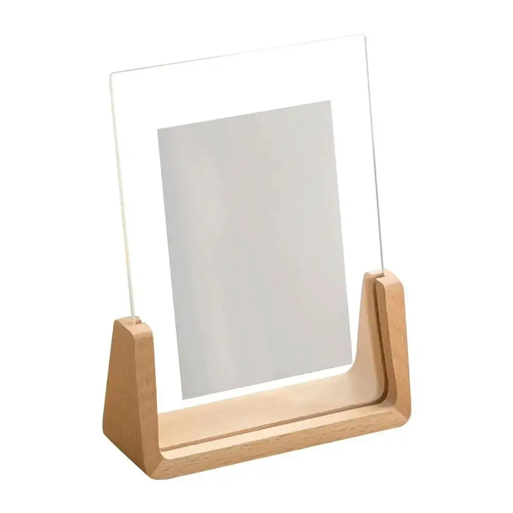 U-shaped clear acrylic photo frame on walnut/beech wooden base for desktop display