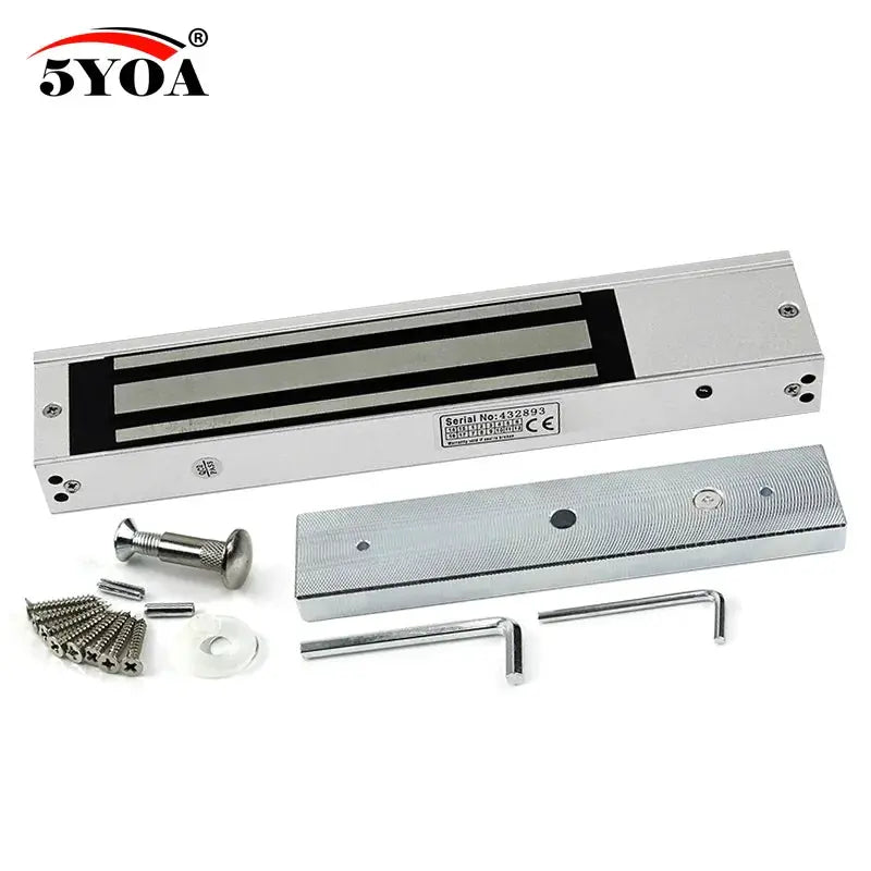 5YOA DC12V electromagnetic lock 180kg holding force; silver metal kit with mounting plate, screws and Allen keys