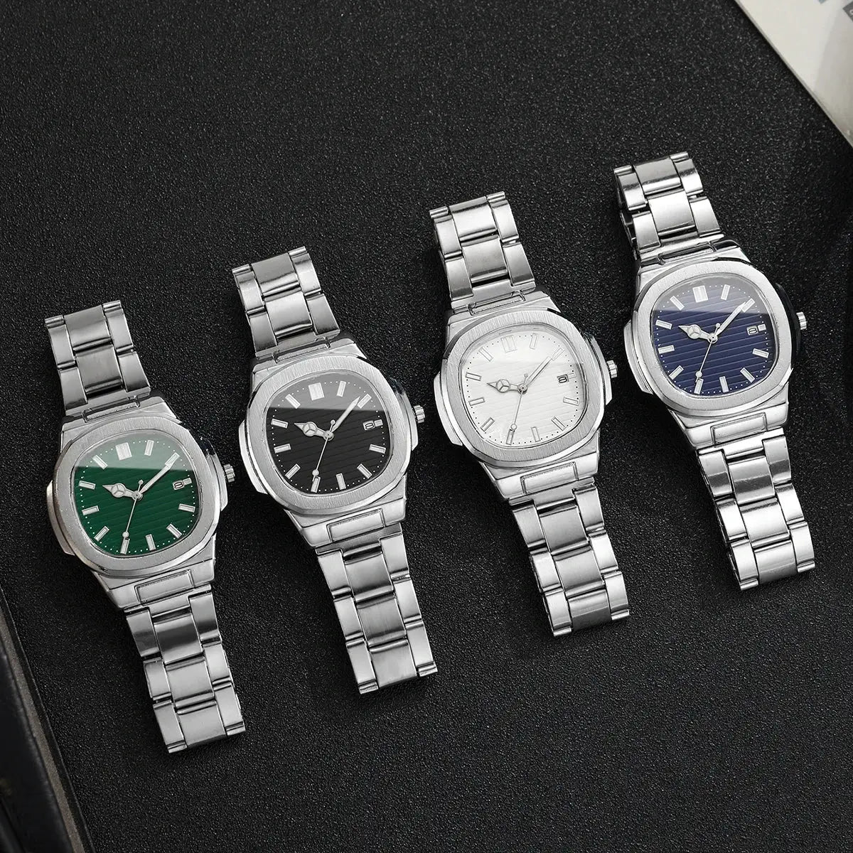 Men Fashion Wristwatches Business Square Dial Stainless Steel Strap Quartz Watch with Calendar For Mens Clock（Without Box）
