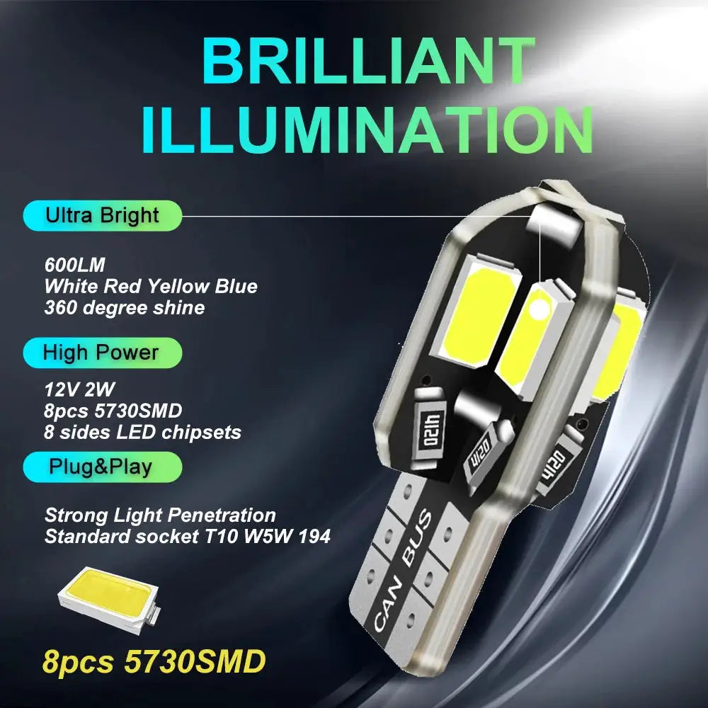 W5W T10 LED Bulbs 12V Canbus 5730 8SMD 6000K Interior Map Dome Parking Lights Lamp