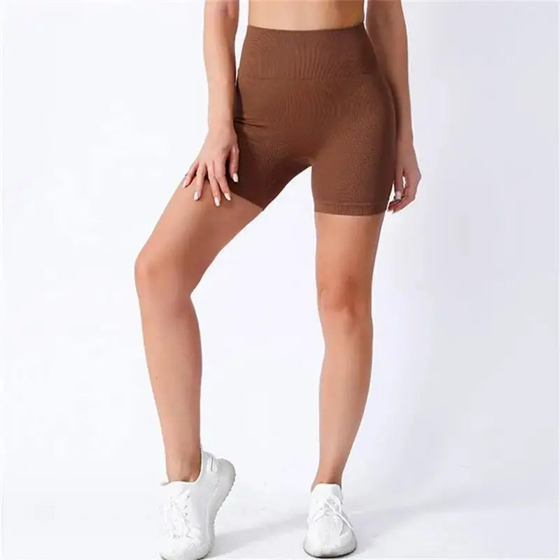 High Waisted Yoga Shorts For Women Lift And Shape Tight Fitting Solid Color Ribbed Texture Knit Activewear