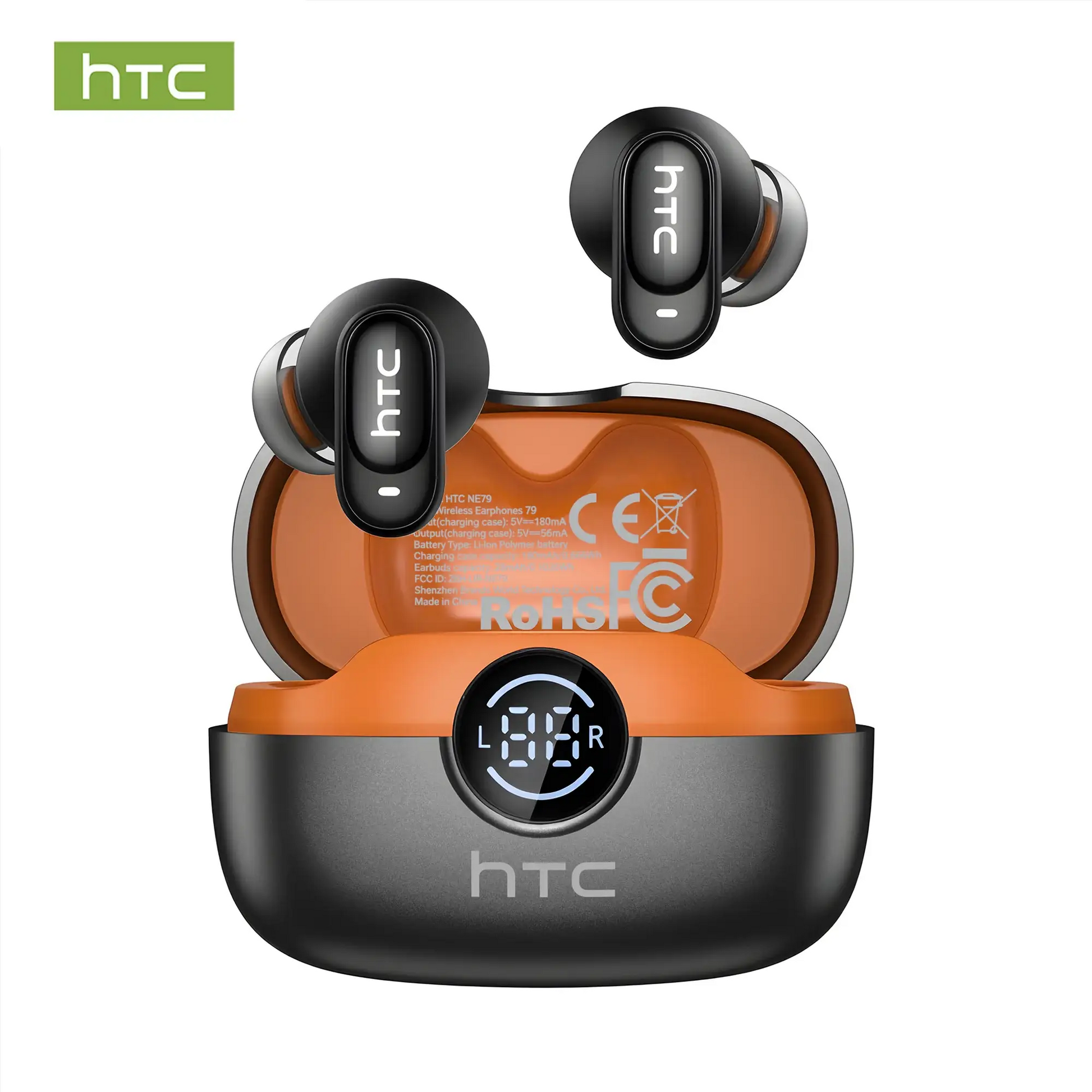 HTC NE79 TWS Bluetooth Earbuds with LED Display, black/orange color, ENC noise cancelling