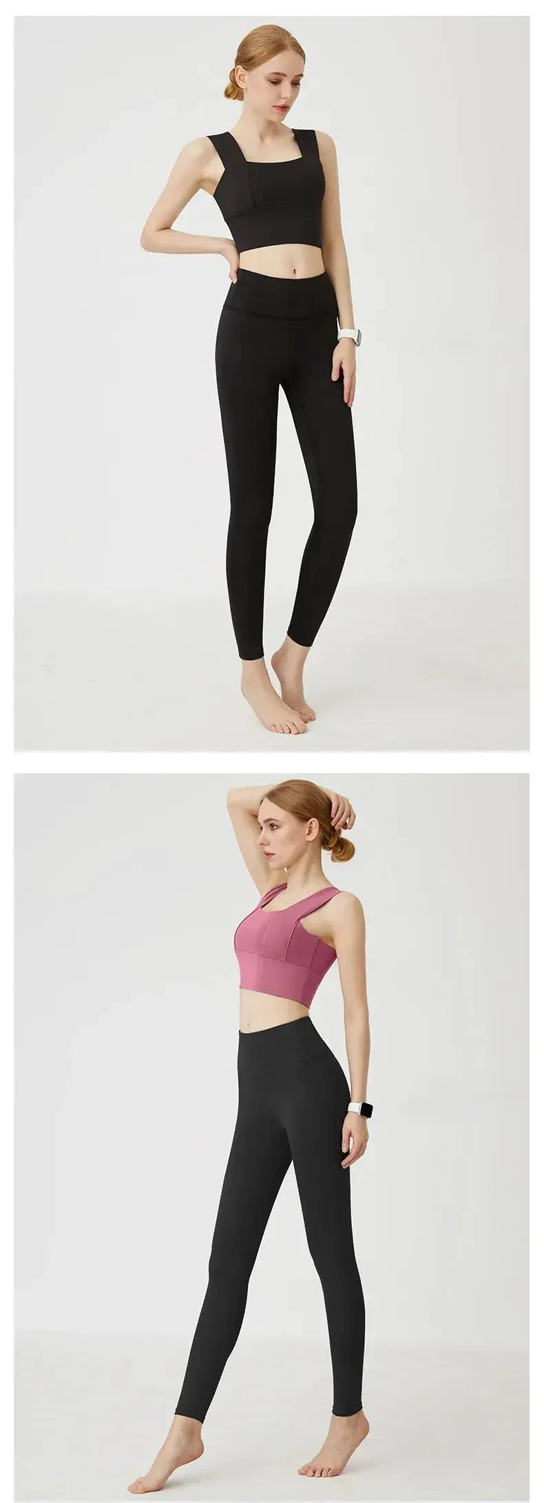 Simples Market UPF50+ women yoga leggings set; black high-waist hip-lifting leggings with sports bra, pink top with black leggings (2 outfits)
