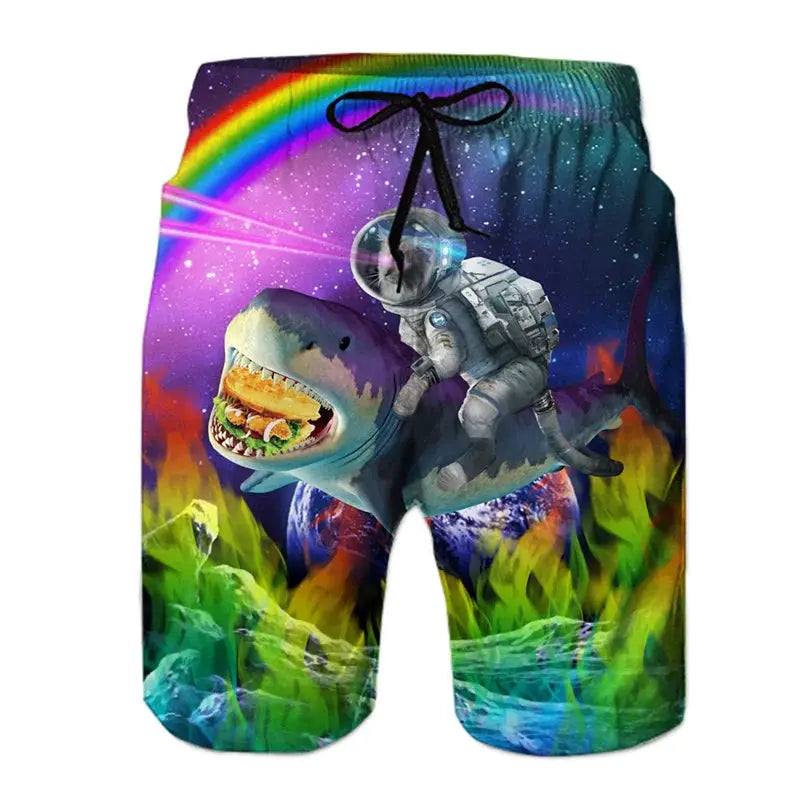 Men's 3D print beach shorts with an astronaut riding a dinosaur in a colorful rainbow space scene