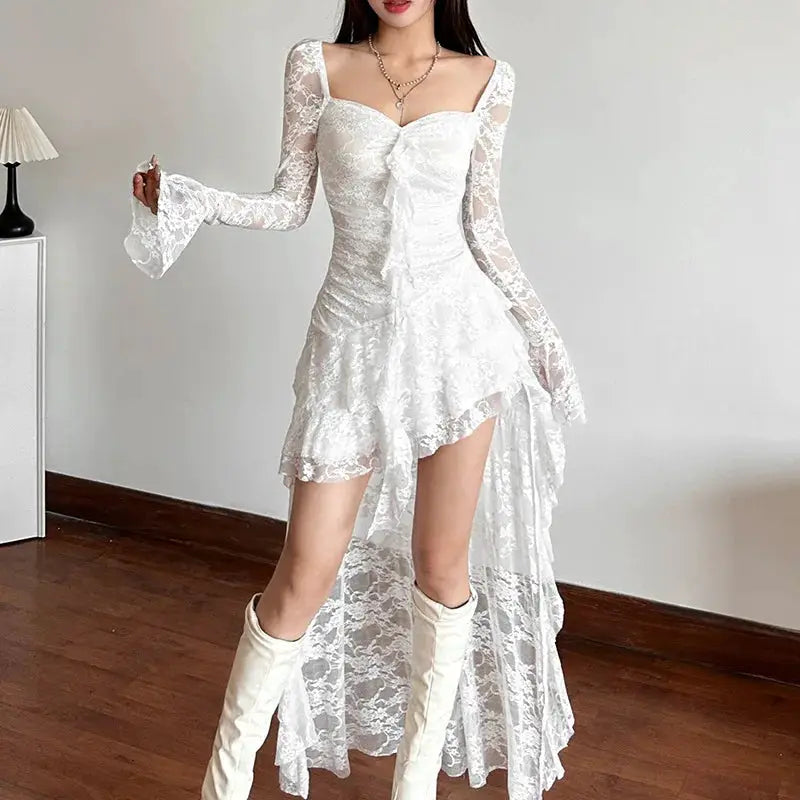 Nocturne Atelier Goth Lace Fairycore A Line Dress With Flare Sleeve Square Neck Irregular Hem For Cyber Y2K Party