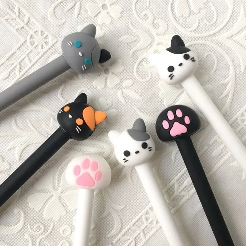 Kawaii cat gel signature pens set, 10 pcs by Simples Market, black ink, with cat head toppers and paw-print accents