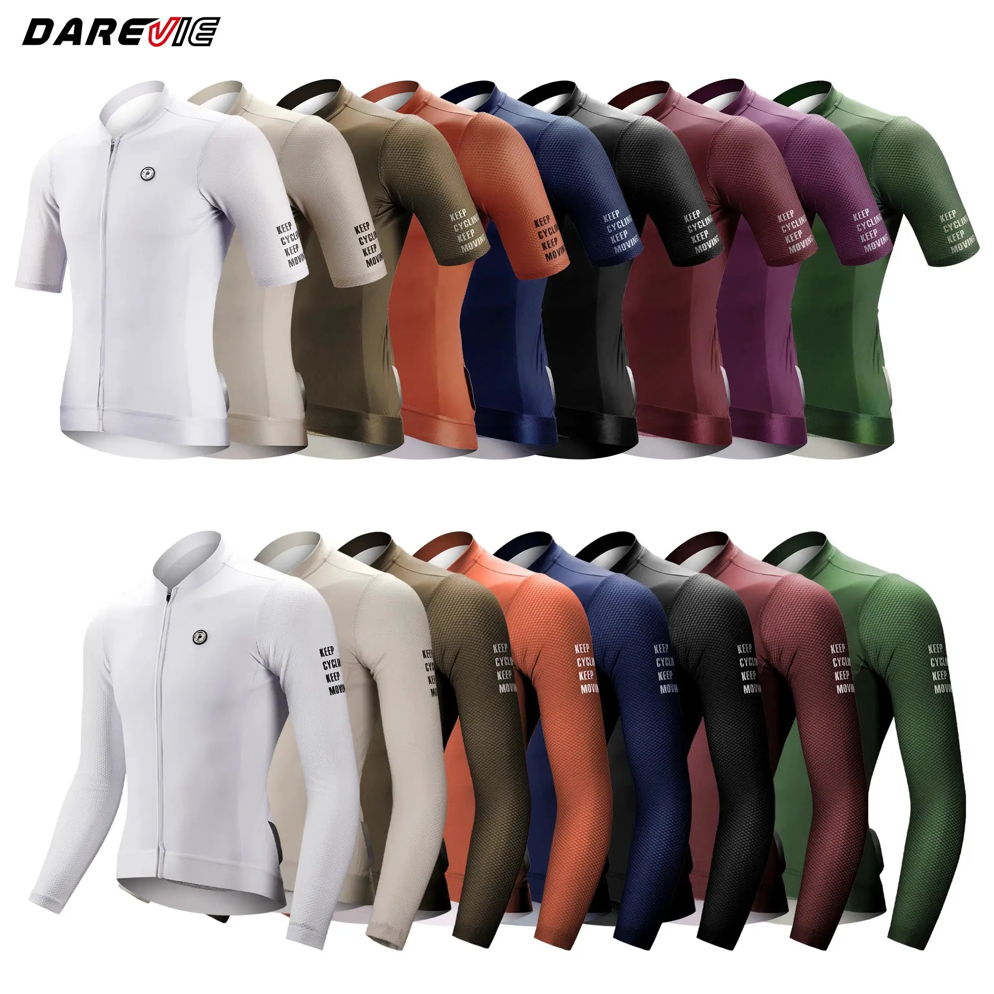 DAREVIE cycling jersey lineup; long-sleeve SPF50+ breathable unisex tops in multiple colors by Simples Market