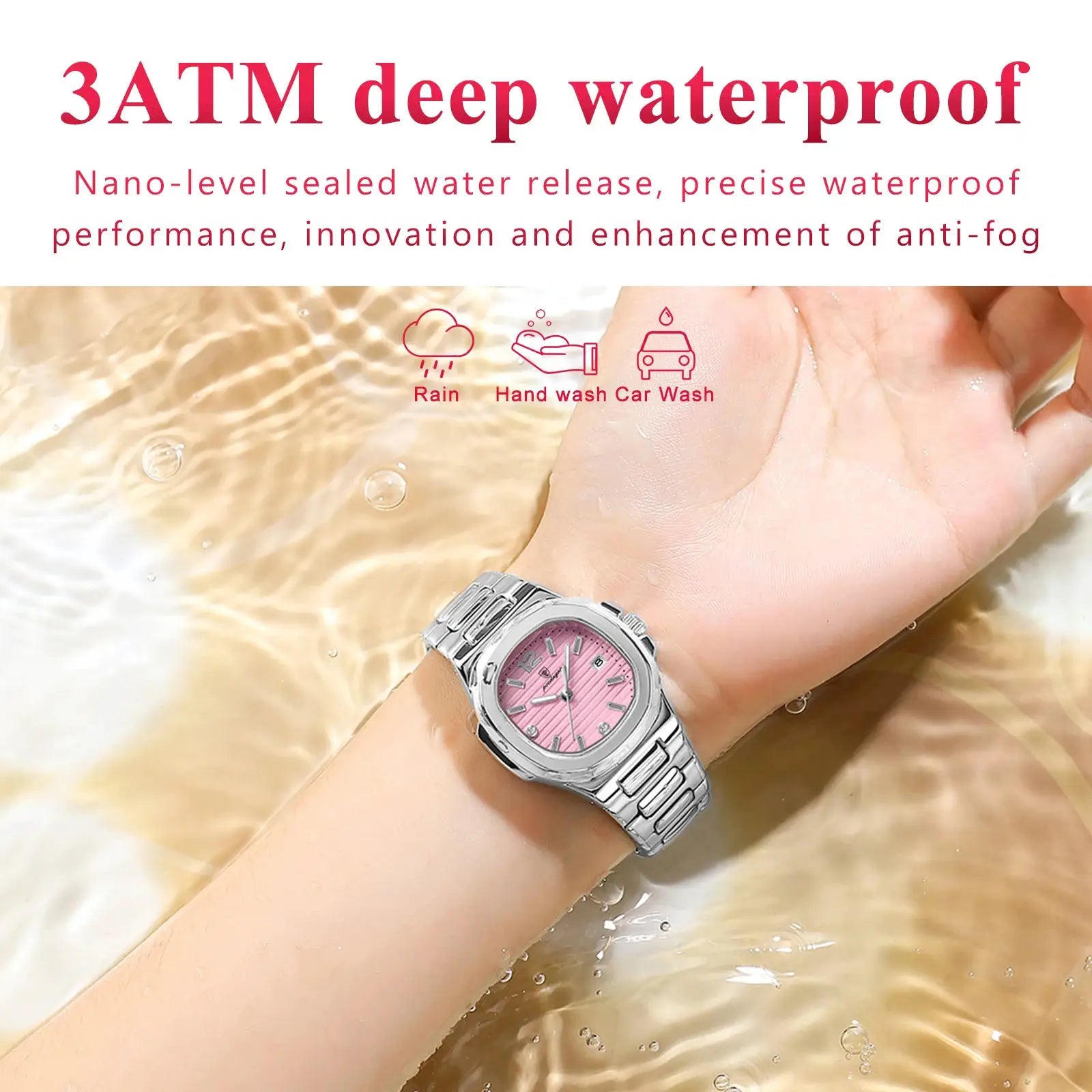 POEDAGAR square ladies wristwatch with pink dial and stainless steel bracelet