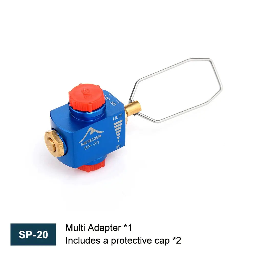 Widesea SP-20 camping propane refill adapter, blue with red caps and brass fittings