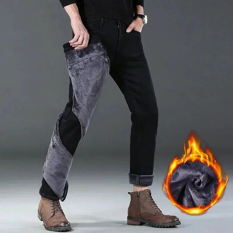 Men's black straight-leg denim jeans with gray velvet patch and fleece lining, warm winter pants