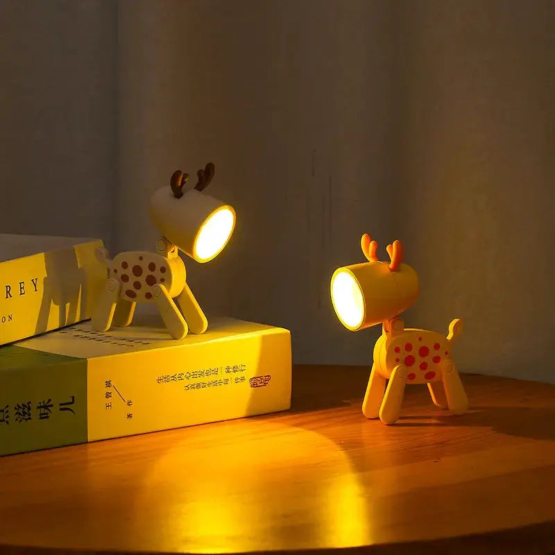Mini LED night lights, 2 wooden cartoon deer figures in yellow and white with warm bedside glow