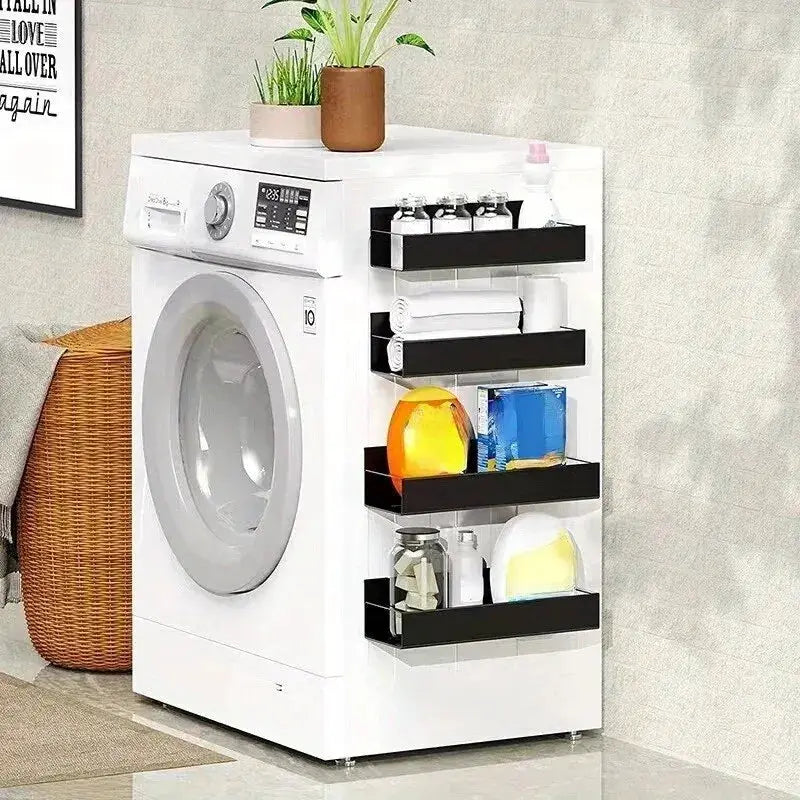 Simples Market 2pc magnetic storage shelf side-hanging on a white washing machine with three black tier racks.
