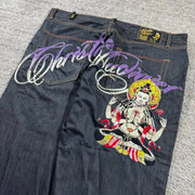 Y2K Baggy Wide Leg Jeans Embroidered Buddha Harajuku High Waist Denim